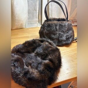 Y2k Chocolate Brown Faux Fur Mini Purse and Beret Hat Set Women's